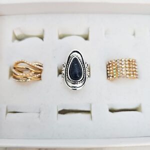 3pc Ring Set Black Stone Silver Gold Rhinestone Pearl Casual Cocktail
